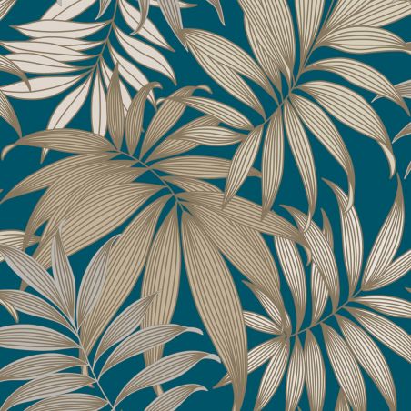 Papier peint vinyle sur papier floral bleu et doré PALME VOGUE - Fleur par Grandeco - A45303