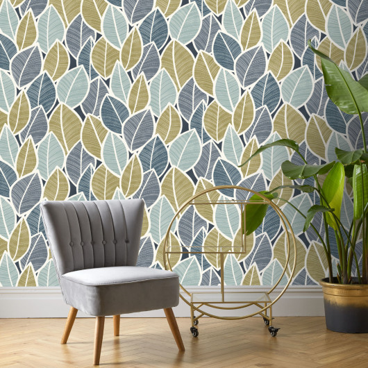 Papier peint vinyle sur intissé végétal moutarde et bleu JAVA - Jungle par Rasch - 480139