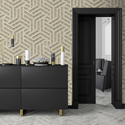 Papier peint vinyle sur intissé graphique beige brillant et doré LABYRINTHE - Onyx par Ugepa - M35002