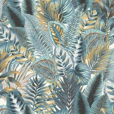 Papier peint Vinyle sur intissé végétal bleu et jaune AMAZONE - Jungle par Rasch - 833997