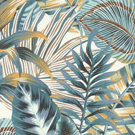 Papier peint Vinyle sur intissé végétal bleu et jaune AMAZONE - Jungle par Rasch - 833997
