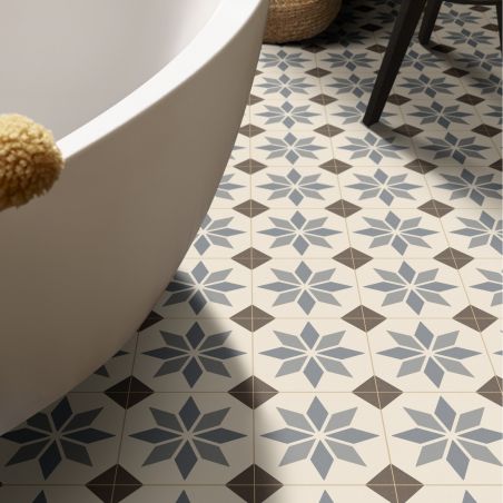 Sol Vinyle/PVC - 2m - Carreaux de ciment bleu et marron, fond écru SCOTTSDALE 196L - Optima Retro-tex par Beauflor Sol Vinyle/PVC - 2m - Carreaux de ciment bleu et marron, fond écru SCOTTSDALE 196L - Optima Retro-tex par Beauflor