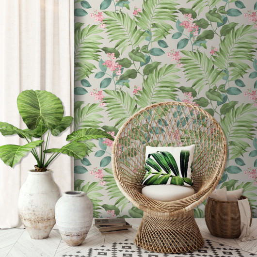 Papier peint standard végétal vert et rose FEUILLES EXOTIQUES -par Ugepa - A86404