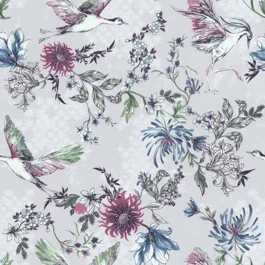 Papier peint vinyle sur intissé floral rose et bleu ORIENTAL BIRD - Fragrance par Lutèce - 11191209