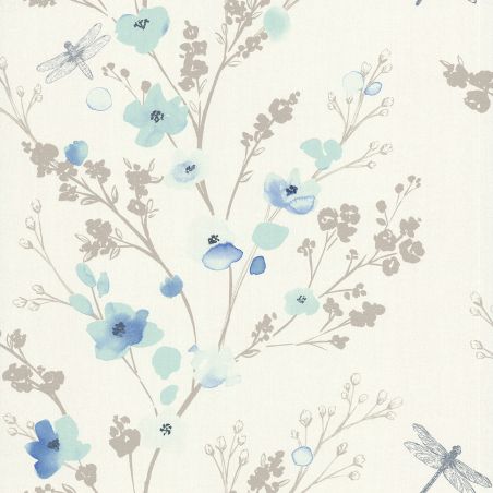 Papier peint vinyle sur intissé floral bleu et taupe LIBELLULE - Séjours et Chambres par Lutèce - 51178201