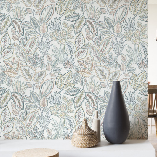 Papier peint vinyle sur intissé floral bleu et terracotta SAMOA - Salsa par Rasch - 692402