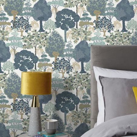 Papier peint vinyle sur intissé floral bleu et vert WOODLAND - Salsa par Rasch - 692501