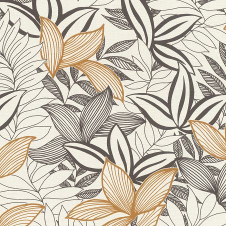 Papier peint vinyle sur intissé floral noir et camel LINE LEAVES - Salsa par Rasch - 691009