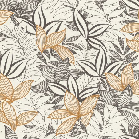 Papier peint vinyle sur intissé floral noir et camel LINE LEAVES - Salsa par Rasch - 691009