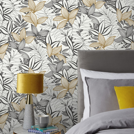 Papier peint vinyle sur intissé floral noir et camel LINE LEAVES - Salsa par Rasch - 691009