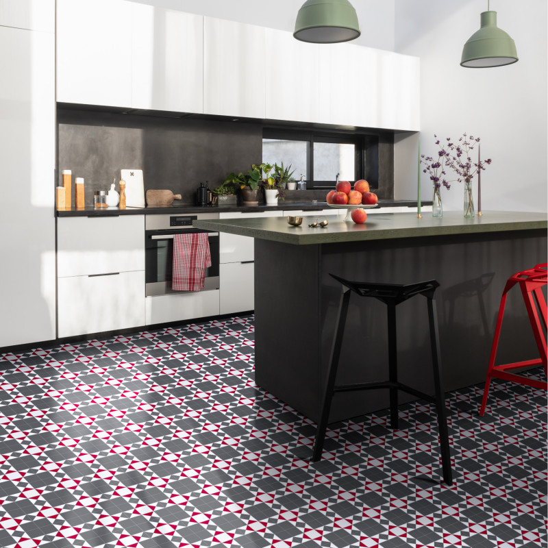 Sol Vinyle/PVC - 2m - carrelage noir et rouge DEVON 940D Optima Hightex par Beauflor