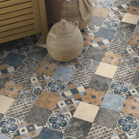 Sol Vinyle/PVC - 3m - carreaux de ciment bleu et marron ZARAGOZA TILE INDIGO - Iconik Life par Tarkett