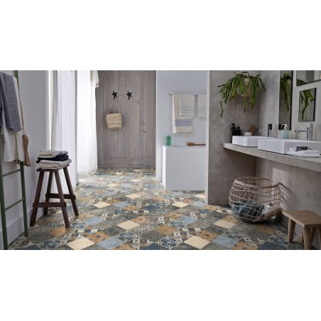 Sol Vinyle/PVC - 3m - carreaux de ciment bleu et marron ZARAGOZA TILE INDIGO - Iconik Life par Tarkett