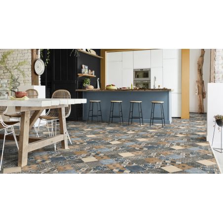 Sol Vinyle/PVC - 3m - carreaux de ciment bleu et marron ZARAGOZA TILE INDIGO - Iconik Life par Tarkett