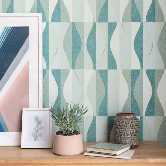 Papier peint vinyle sur intissé géométrique vert émeraude et vert d'eau ONDULATION - Moove par Caselio - 101387623