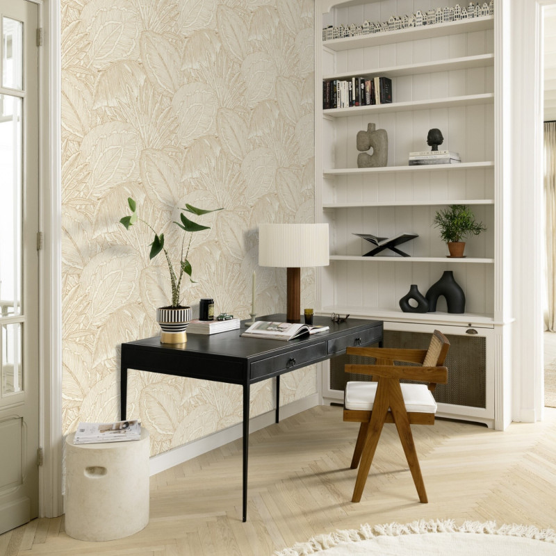 Papier peint  intissé végétal or et blanc PALMES - French Spring par Rasch - 580822