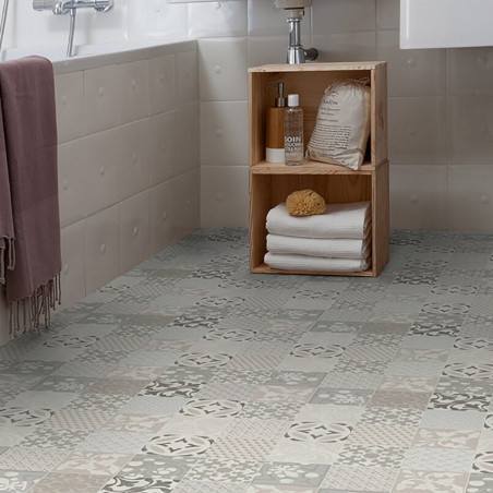 Sol Vinyle/PVC - 4m - carreaux de ciment beige, taupe et blanc PROVENCE CREME Loftex par Gerflor
