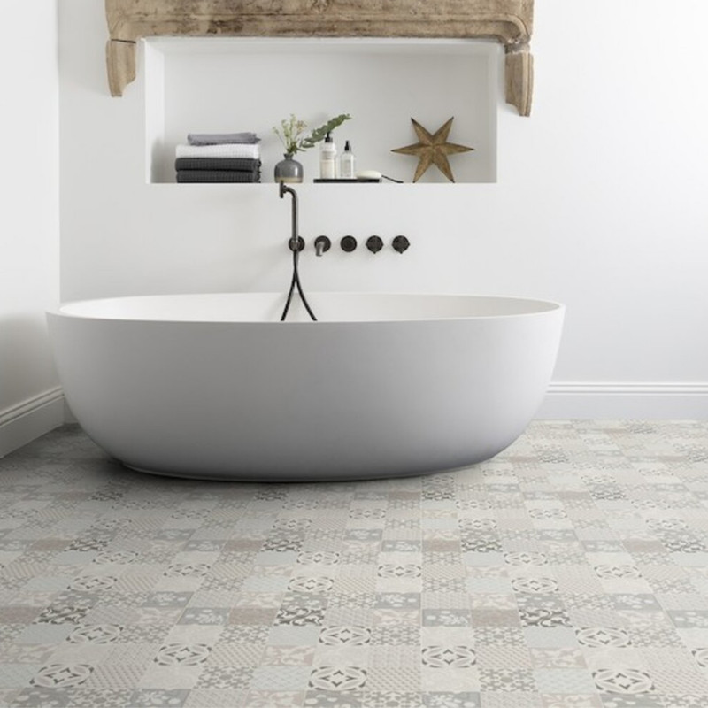 Sol Vinyle/PVC - 4m - carreaux de ciment beige, taupe et blanc PROVENCE CREME Loftex par Gerflor