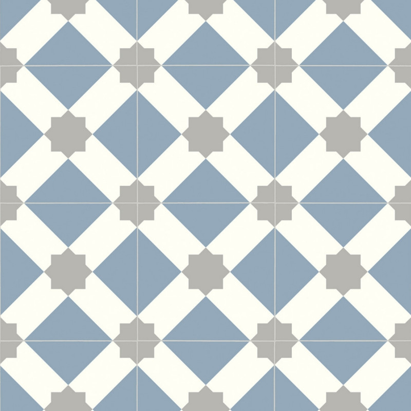 Sol Vinyle/PVC - 2m - carreaux de ciment bleu, blanc et gris ESTRELLA 573 Essential Luna par IVC