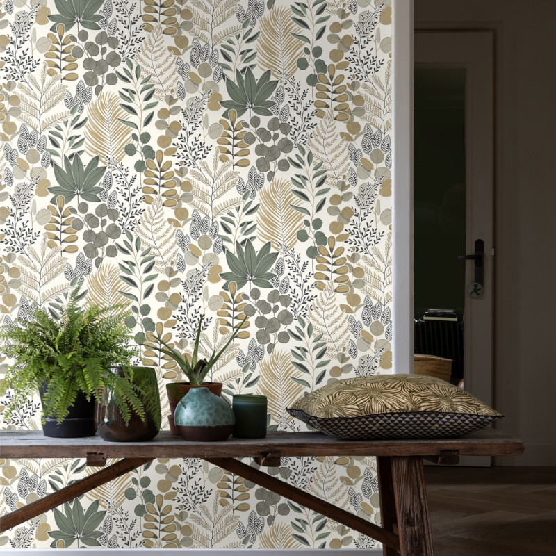 Papier peint intissé végétal vert et marron FOUGERE - Tropical par Rasch - 465334