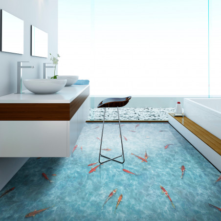Sol Vinyle/PVC - 2m - fond marin, poisson bleu turquoise et orange KOI - Optima Moonlight par Beauflor