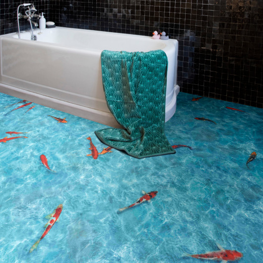Sol Vinyle/PVC - 2m - fond marin, poisson bleu turquoise et orange KOI - Optima Moonlight par Beauflor