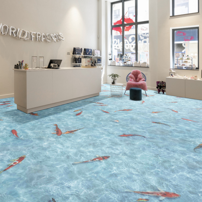 Sol Vinyle/PVC - 2m - fond marin, poisson bleu turquoise et orange KOI - Optima Moonlight par Beauflor