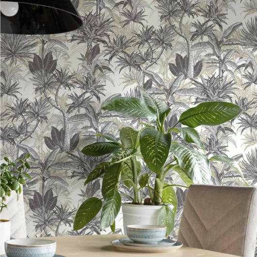 Papier peint intissé tropical noir et beige LAGON BLEU - Tropical par Rasch - 793413