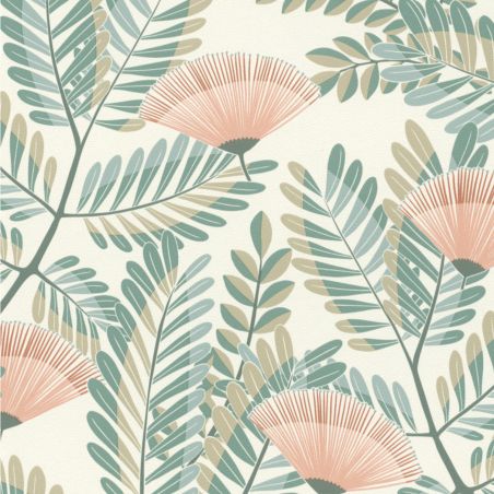 Papier peint intissé floral rose et vert EVENTAIL FLORAL - Tropical par Rasch - 792447