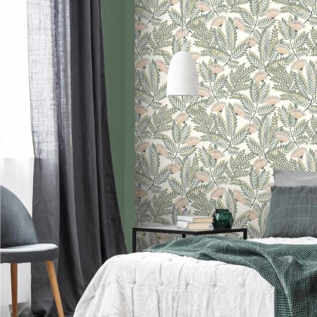 Papier peint intissé floral rose et vert EVENTAIL FLORAL - Tropical par Rasch - 792447