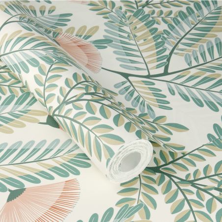 Papier peint intissé floral rose et vert EVENTAIL FLORAL - Tropical par Rasch - 792447