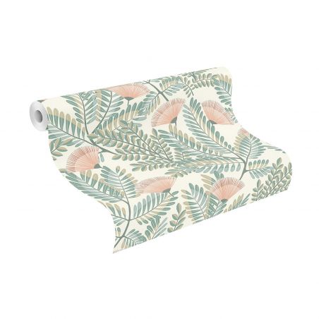 Papier peint intissé floral rose et vert EVENTAIL FLORAL - Tropical par Rasch - 792447