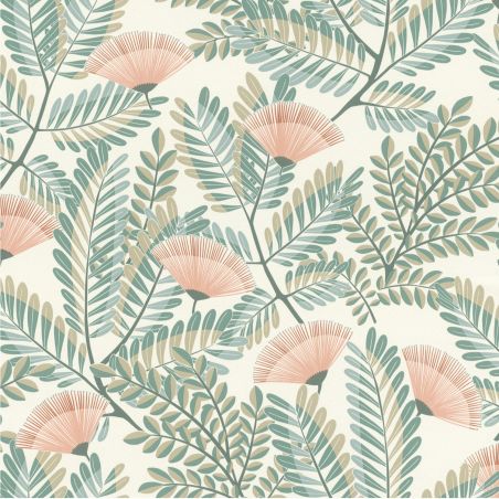 Papier peint intissé floral rose et vert EVENTAIL FLORAL - Tropical par Rasch - 792447