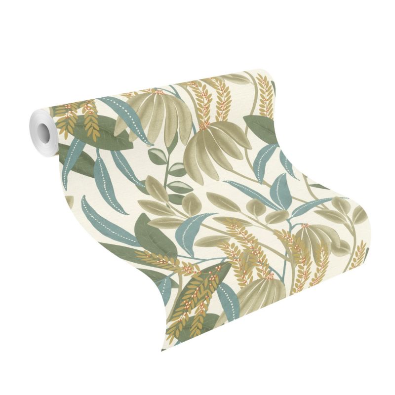 Papier peint intissé végétal vert et bleu TAMARIN - Country par Rasch - 580624