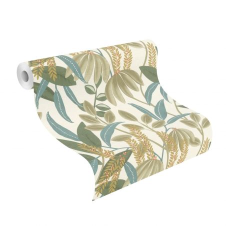 Papier peint intissé végétal vert et bleu TAMARIN - Country par Rasch - 580624