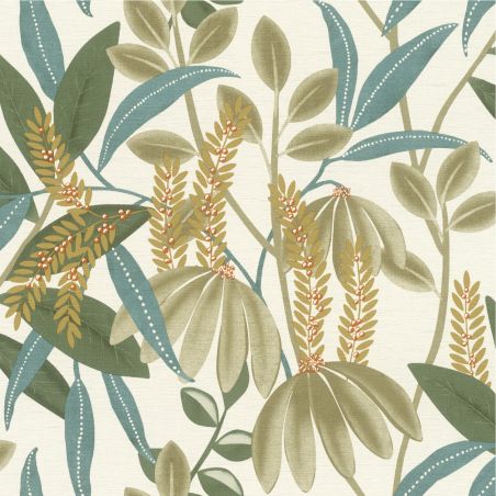 Papier peint intissé végétal vert et bleu TAMARIN - Country par Rasch - 580624