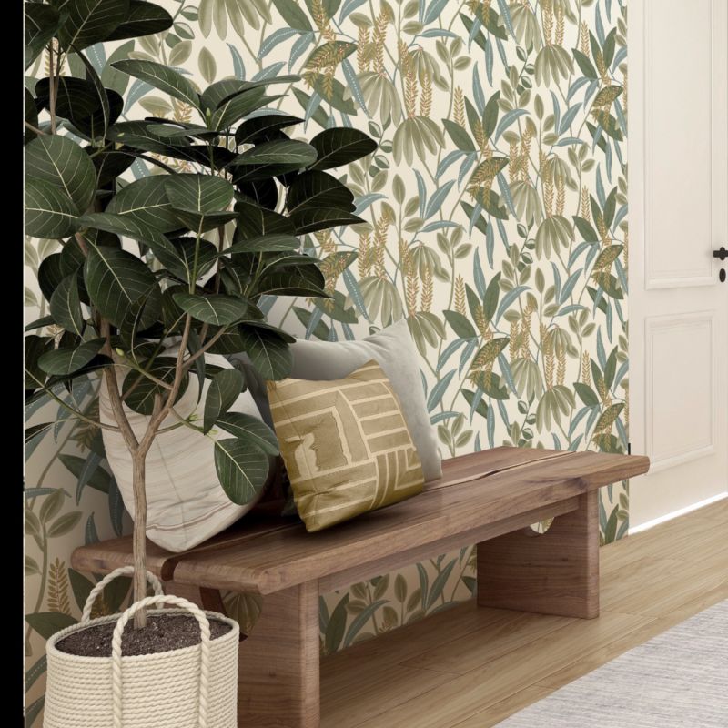 Papier peint intissé végétal vert et bleu TAMARIN - Country par Rasch - 580624