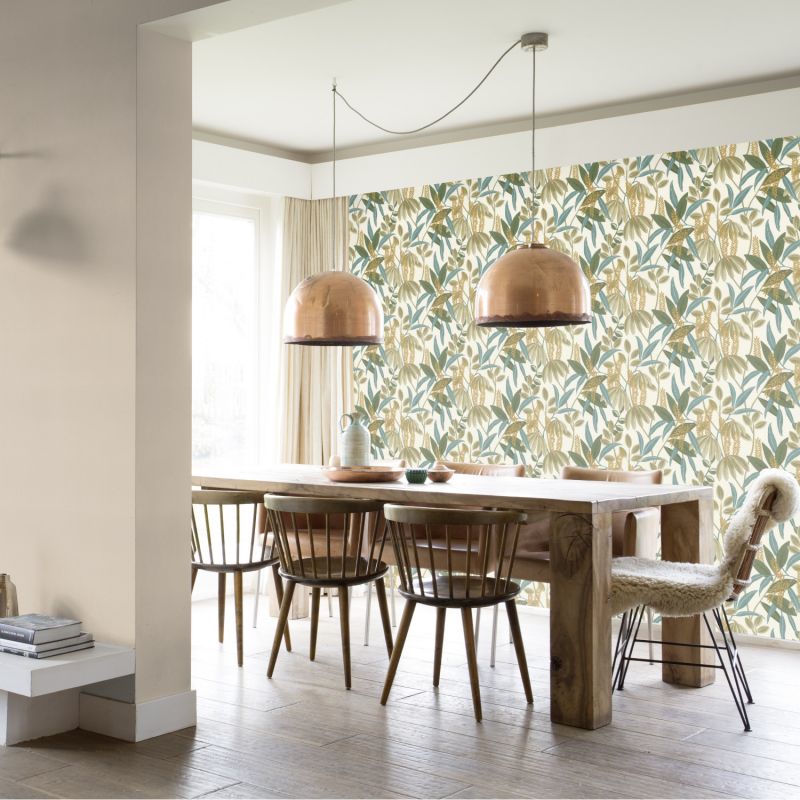 Papier peint intissé végétal vert et bleu TAMARIN - Country par Rasch - 580624