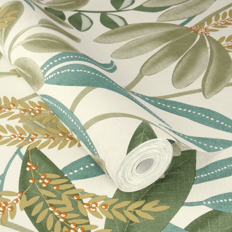 Papier peint intissé végétal vert et bleu TAMARIN - Country par Rasch - 580624