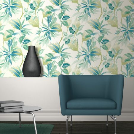 Papier peint vinyle sur intissé végétal bleu et vert TROPIC - Imprim'luxe par Ugepa - L17504