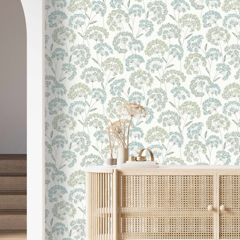 Papier peint intissé floral turquoise et vert PISSENLIT -  Allegretto par Rasch - 793314