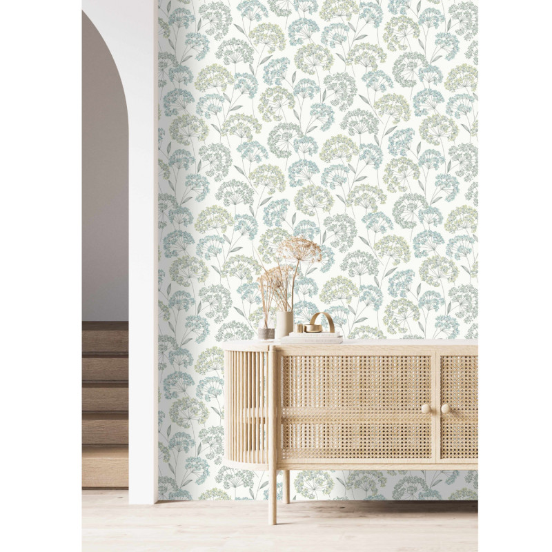 Papier peint intissé floral turquoise et vert PISSENLIT -  Allegretto par Rasch - 793314