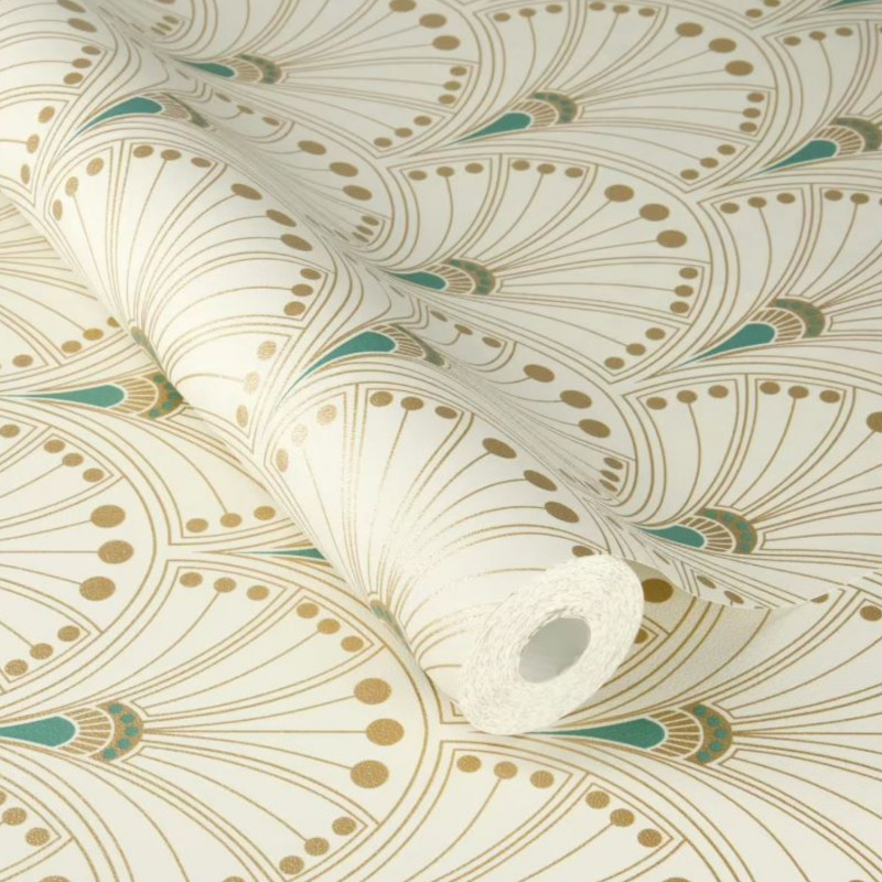 Papier peint intissé géométrique vert et or ART DECO -  Allegretto par Rasch - 792232