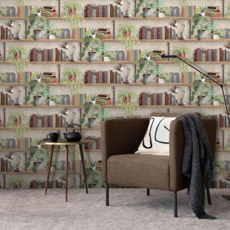 Papier peint vinyle sur intissé trompe l'œil marron et vert BIBLIOTHEQUE - Illusion par Ugepa - m89608