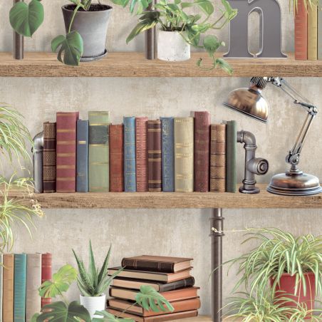 Papier peint vinyle sur intissé trompe l'œil marron et vert BIBLIOTHEQUE - Illusion par Ugepa - m89608
