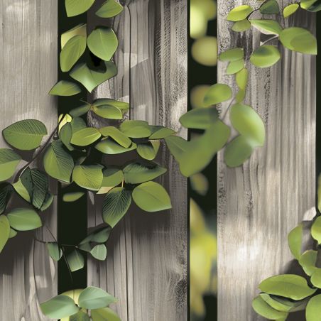 Papier peint vinyle sur intissé trompe l'œil vert et beige FEUILLAGE SUR BOIS - illusion par Ugepa - m88907