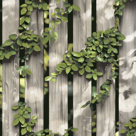 Papier peint vinyle sur intissé trompe l'œil vert et beige FEUILLAGE SUR BOIS - illusion par Ugepa - m88907