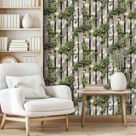 Papier peint vinyle sur intissé trompe l'œil vert et beige FEUILLAGE SUR BOIS - illusion par Ugepa - m88907