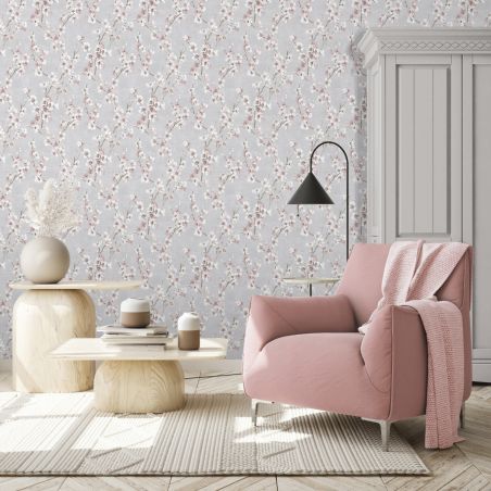 Papier peint vinyle sur intissé floral rose et blanc POMMIER EN FLEURS - Adèle par Ugepa - m52709