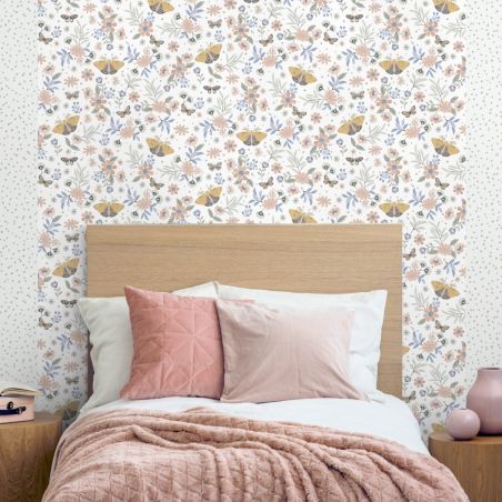 Papier peint intissé floral orange et bleu PAPILLONS ET FLEURS - La Belle Histoire par Ugepa - m58105
